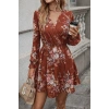 Kadın Uzun Kollu Kruvaze Yakalı çiçek Desenli Mini Süprem Elbise