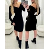 Kadın Uzun Kollu Omuzlardan Açık Kruvaze Yaka Kısa Triko Elbise