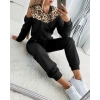 Kadın Uzun Kollu Omuzlardan Açık Leopar Desenli Kapşonlu Viskon Iki Iplik Bluz Ve Pantolon Ikili Takım