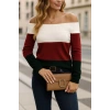 Kadın Uzun Kollu Omuzlardan Açık Uzun Kollu Blok çizgili Triko Bluz