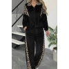 Kadın Uzun Kollu önden Fermuarlı Leopar Detaylı Kadife Bluz Ve Pantolon Ikili Takım