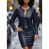 Kadın Uzun Kollu önü Açık Deri Ceket Ve Askılı Yuvarlak Yakalı Mini Elbise Ikili Takım