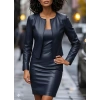 Kadın Uzun Kollu önü Açık Deri Ceket Ve Askılı Yuvarlak Yakalı Mini Elbise Ikili Takım