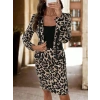 Kadın Uzun Kollu önü Açık Leopar Desen Modal Ceket Ve Etek Ikili Takım