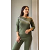 Kadın Uzun Kollu Truvakar Kol Tek Omuz çapraz şerit Detaylı Ribanalı Viskon Iki Iplik Bluz Ve Pantolon Ikili Takım