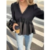 Kadın Uzun Kollu V Dantel Yaka Aerobin Bluz