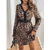 Kadın Uzun Kollu V Dantel Yakalı Leopar Desenli Modal Mini Elbise