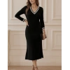 Kadın Uzun Kollu V Ribana Yakalı Yanlardan Yırtmaçlı Midi Viskon Iki Iplik Elbise