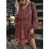 Kadın Uzun Kollu V Yaka Bağcıklı Belden Gipeli çiçek Baskılı Kısa Süprem Elbise