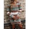Kadın Uzun Kollu V Yakalı çizgili çok Renkli Triko Mini Elbise