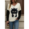 Kadın Uzun Kollu V Yakalı Kedi Baskılı şardonlu Dalgıç Bluz