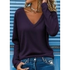 Kadın Uzun Kollu V Yakalı Viskon Iki Iplik Mürdüm Renk Bluz