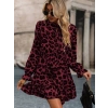 Kadın Uzun Kollu Yakadan Bağcıklı Modal Leopar Desenli Mini Elbise
