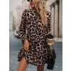 Kadın Uzun Kollu Yakadan Bağcıklı Modal Leopar Desenli Mini Elbise
