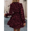 Kadın Uzun Kollu Yakadan Bağcıklı Modal Leopar Desenli Mini Elbise