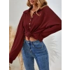 Kadın Uzun Kollu Yakalı Düğmeli Salaş Waffle Bluz