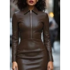 Kadın Uzun Kollu Yakalı Fermuarlı Mini Deri Elbise