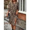 Kadın Uzun Kollu Yakalı önden Düğmeli Leopar Desenli Modal Midi Elbise