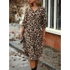Kadın Uzun Kollu Yakalı önden Düğmeli Leopar Desenli Modal Midi Elbise