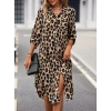 Kadın Uzun Kollu Yakalı önden Düğmeli Leopar Desenli Modal Midi Elbise