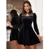 Kadın Uzun Kollu Yakalı Tül Detaylı Incili Mini Kadife Elbise