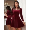 Kadın Uzun Kollu Yakalı Tül Detaylı Incili Mini Kadife Elbise
