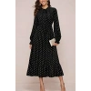 Kadın Uzun Kollu Yakası Bağcıklı Uzun Puantiyeli Krep Maxi Elbise