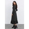 Kadın Uzun Kollu Yakası Bağcıklı Uzun Puantiyeli Krep Maxi Elbise