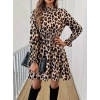 Kadın Uzun Kollu Yarı Balıkçı Yaka Leopar Desenli Modal Mini Elbise