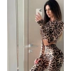 Kadın Uzun Kollu Yarım Balıkçı Yaka Full Leopar Baskılı Kısa Bluz Ve Pantolon Ikili Takım