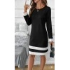 Kadın Uzun Kollu Yuvarlak Yaka Etek Ucu şerit Detaylı Mini Siyah Beyaz Dalgıç Elbise