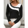 Kadın Uzun Kollu Yuvarlak Yakalı çift Renkli Dantel Detaylı Viskon Bluz