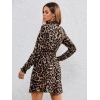 Kadın Yarım Balıkçı Yaka Uzun Kollu Leopar Desen Mini Elbise