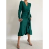 Kadın Yeşil Krep Kumaş Midi Boy Kuşaklı Uzunkol Elbise