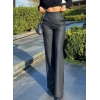 Kadın Yüksek Bel Cepli şardonlu Geniş Paçalı Mat Deri Pantolon