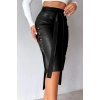 Kadın Yüksek Bel Kuşaklı Yanlardan Düğmeli Mini Deri Etek