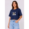 Kedi Baskılı Oversize Crop Tişört Salaş Basic Yarım Kol T-shirt - Lacivert