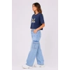 Kedi Baskılı Oversize Crop Tişört Salaş Basic Yarım Kol T-shirt - Lacivert