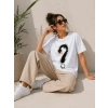 Kuğu Figürlü Soru İşareti Baskılı Tişört Kısa Kol T-Shirt - Beyaz