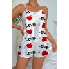 Love Desenli Beyaz Saten Şortlu Gecelik Takım