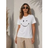 Minimal Gülümseyen Yüz Baskılı Tişört Kısa Kol Yazlık T-Shirt - Beyaz