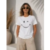 Minimal Gülümseyen Yüz Baskılı Tişört Kısa Kol Yazlık T-Shirt - Beyaz