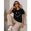 Minimal Gülümseyen Yüz Baskılı Tişört Kısa Kol Yazlık T-Shirt - Siyah