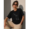 Minimal Kedi Çizim Baskılı Tişört Kısa Kol Yazlık T-Shirt - Siyah