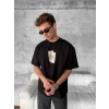 Ön Ve Arka Baskılı Oversize Bisiklet Yaka T-shirt - Siyah