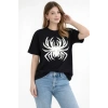 Örümcek Baskılı Tişört Kısa Kollu Bisiklet Yaka T-Shirt - Siyah