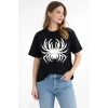 Örümcek Baskılı Tişört Kısa Kollu Bisiklet Yaka T-Shirt - Siyah