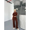 Osy Modal Yumuşak Dokulu Kumaş Kısa Kollu Bluz Rahat Pantalon Ikili Takım- Kahverengi