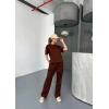 Osy Modal Yumuşak Dokulu Kumaş Kısa Kollu Bluz Rahat Pantalon Ikili Takım- Kahverengi