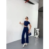 Osy Modal Yumuşak Dokulu Kumaş Kısa Kollu Crop Alt Ispanyol Paça Pantalon Ikili Takım - Lacivert